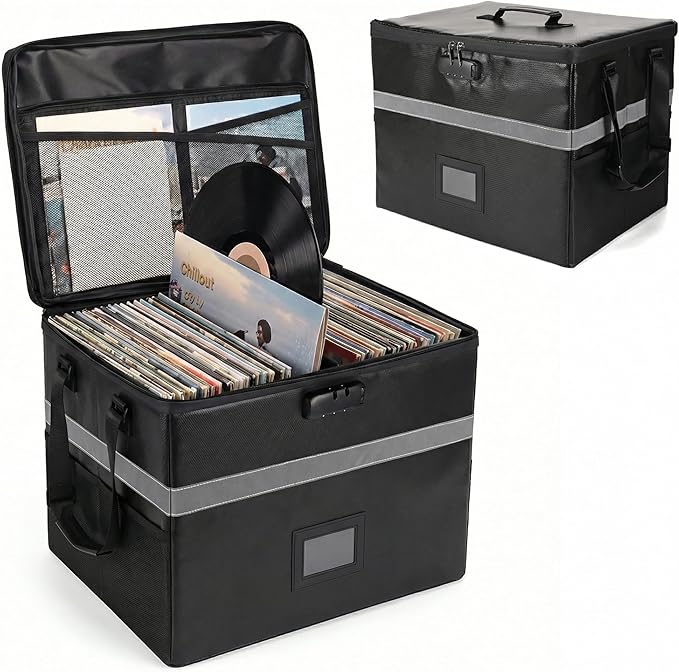 Calenzana Vinyl Record Storage Box with Lock, Fireproof Water Resistant Record Organizer for 150+ Single Records 12-inch, Collapsible Crate Box for Valuable Album, 16.7'' x 13.2'' x 13.4''