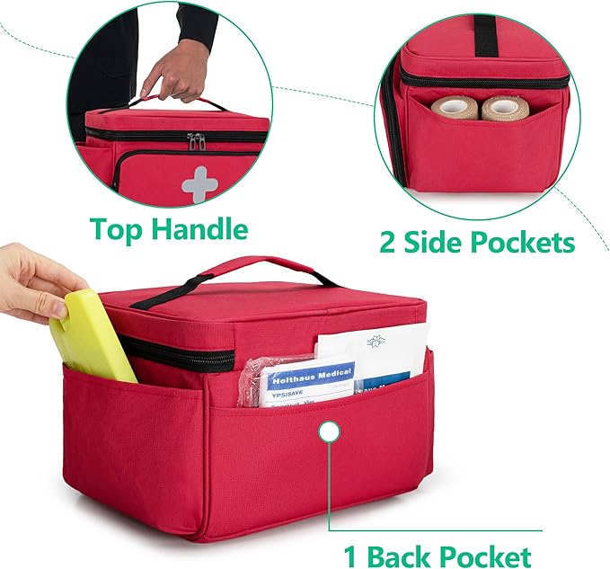 CURMIO Small Medicine Storage Bag Empty, Family First Aid Box, Pill Bottle Organizer for Emergency Medical Supplies, Red (Bag Only, Patent Pending)