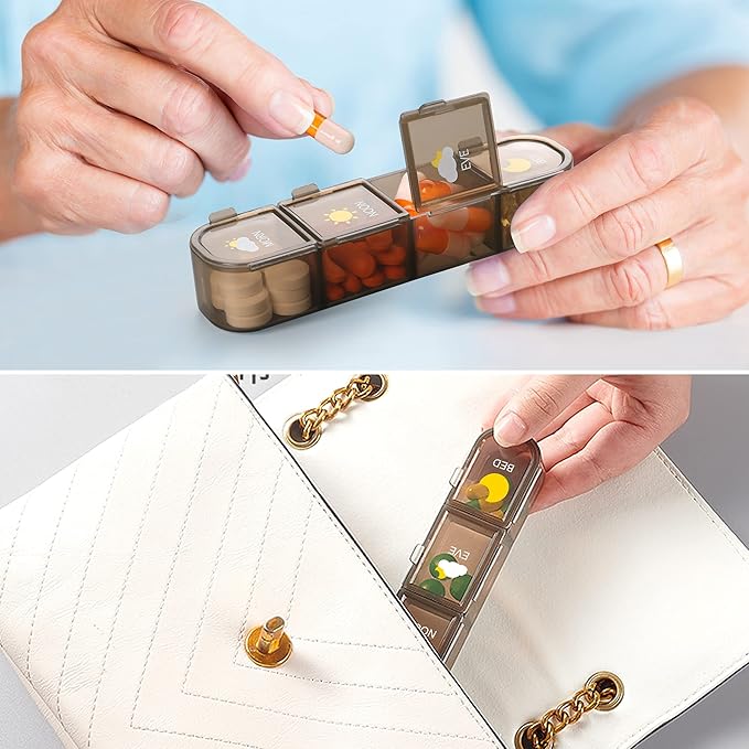 Pill Organizer 4X A Day, Pill Box 7 Day, Acedada Weekly (4 Times A Day) Travel Medicine Organizer Box, Large Pill Container Case Vitamins Holder Pill Dispenser, Brown