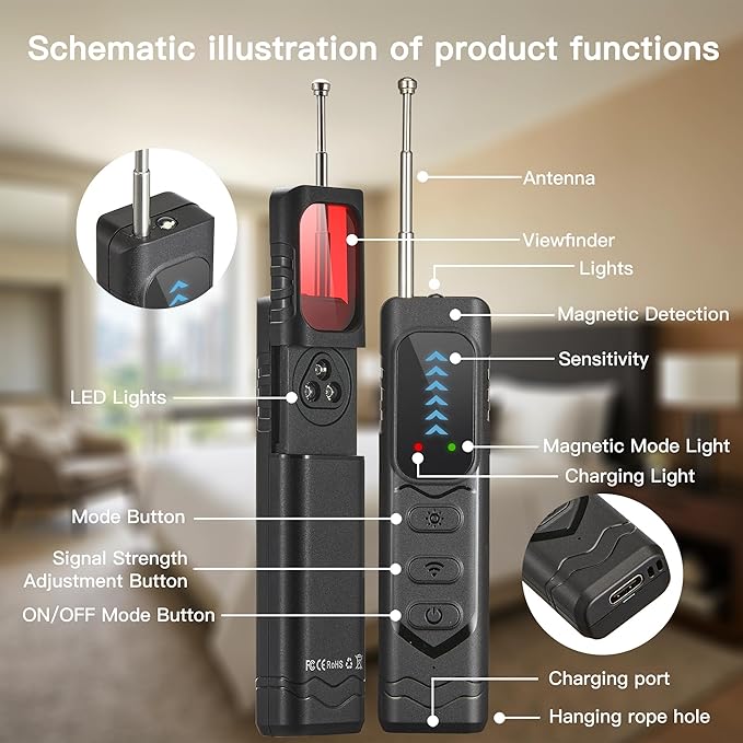 Hidden Camera Detectors，GPS Tracker Detector，Anti-Spy Detector,Listening Device Detector，Bug Detector for Travel, Hotel, Home, Car, Office