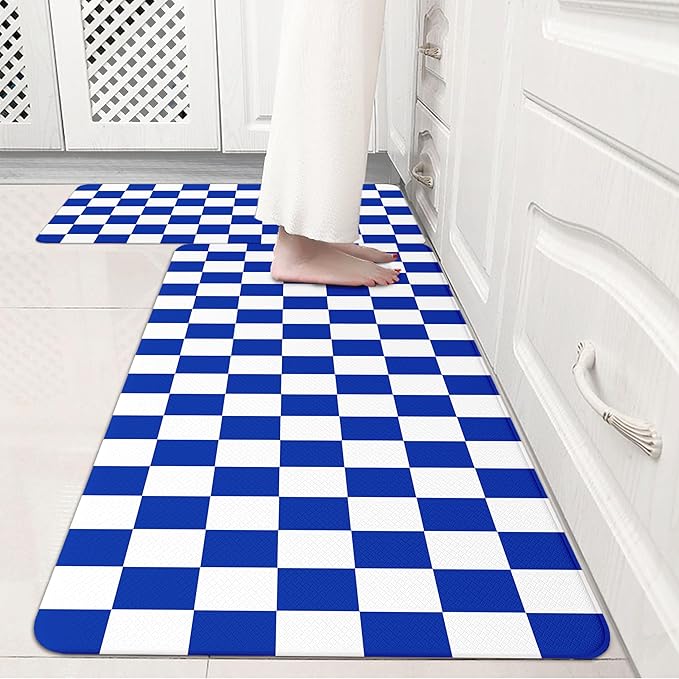 Stellar Blue Checkered Grid Checkerboard Kitchen Rug Sets [2 PCs], Anti-Fatigue, Waterproof Non-Slip Kitchen Mats Heavy Duty Comfort Foam Rug for Kitchen, Floor, Laundry,17"x29"+17"x47"