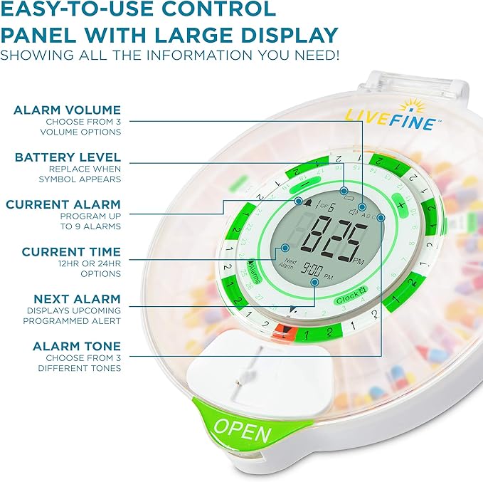 Live Fine 28-Day Automatic Pill Dispenser with Upgraded LCD Display, Key Lock, Sound & Light for Prescriptions, Medication, Vitamins, Supplements & More