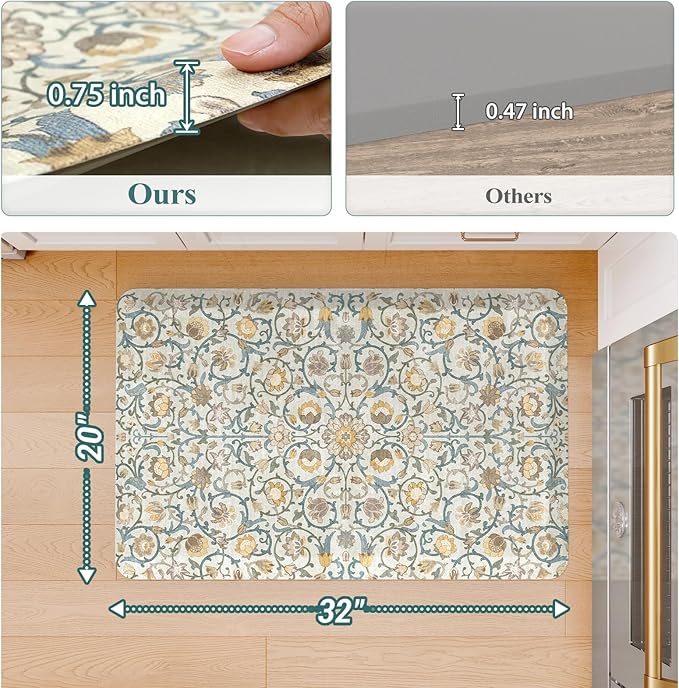 KIMODE Anti Fatigue Mats for Kitchen Floor Non Slip,Farmhouse Floral Sink Rug Waterproof for Laundry,Extra Thick Memory Foam Ergonomic Cushioned Carpet for Office,Yellow/Blue