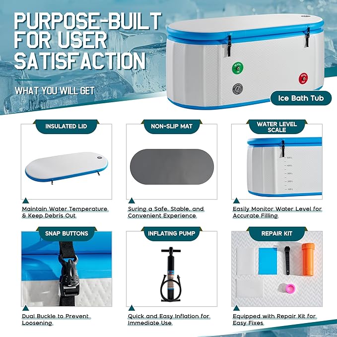 Albott Inflatable Cold Plunge Tub for Athletes, Ice Bath Tub with Insulated Lid & Non-Slip Mat, Water Chiller Compatible, Portable for Indoor & Outdoor Recovery, 210 Gal, 71"L x 35"W x 30"H