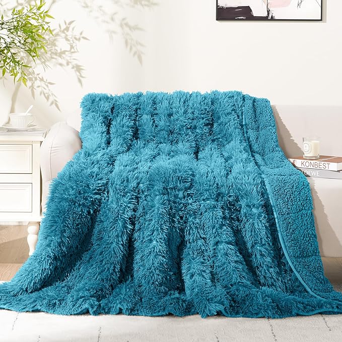 Cottonblue Adults Weighted Blanket 17lbs 60x80 inches for Queen Bed, Faux Fur Sherpa Weighted Blanket for Sofa Couch Bed, Plush Cozy Bed Blanket with Glass Beads for Calm and Relax,Teal Green