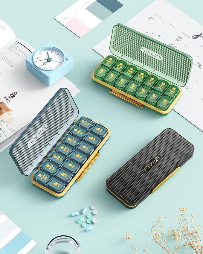 Am Pm Pill Organizer, Weekly Pill Box 2 Times A Day - Acedada 7 Day Pill Organizer with 7 Separate Containers, Portable Daily Medicine Dispenser Case for Vitamin, Fish Oils, Supplements, Stylish Blue