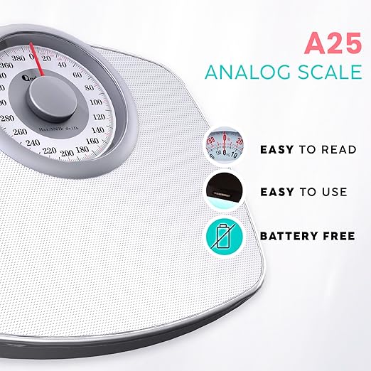 Adamson A25 Scales for Body Weight - Up to 400 LB - 5.3" Dial on 12.4" x 10.2" Platform - Anti-Skid Rubber Surface - High Precision Bathroom Scale Analog - Durable with 20-Year Assurance - Full White