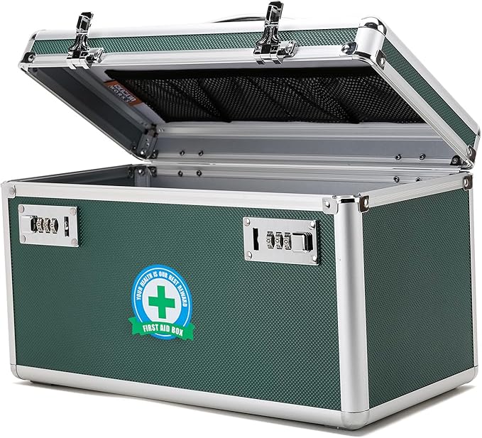 Locking Box with Portable Storage Case, 14.2''x 7.2''x 8.2'', Childproof Medicine Organizer with Combination Lock, Lockbox for Money, Documents & Meds Secure Cash, ID Documents (Green/Large)