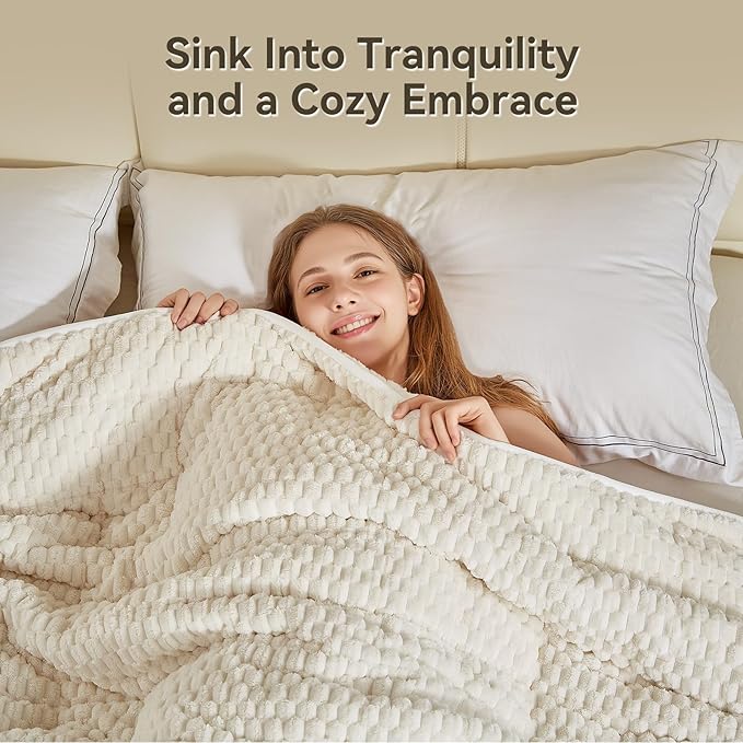 Weighted Blanket Queen Size for Adults,15lbs Jacquard Sherpa Heavy Blanket for Calming and Relax, Dual Sided Ultra Soft Fuzzy Throw Blanket with Glass Beads, 48" x 72", Cream White