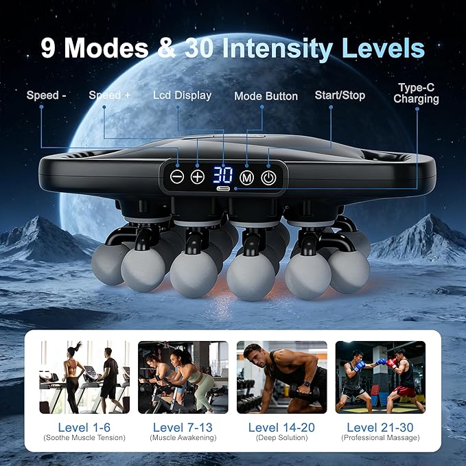 20 Head Massage Gun Deep Tissue, Back Massager with 9 Modes & 30 Intensities Percussion Muscle Massager Gun for Back Neck Shoulder Legs Pain Relief, Gift for Athletes Men Women
