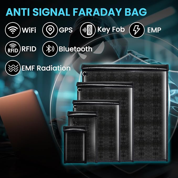 5 Pack Faraday Bags for Laptops & Tablet & Radio & Phones & Car Keys, Faraday Cage, Faraday Key Fob Protector, Waterproof & Fireproof RFID Bag, EMP Bags for Electronics