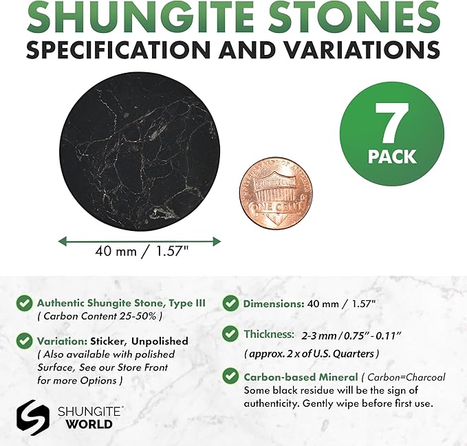 7 pcs Authentic Shungite Stickers Unpolished 40 mm / 1.57" Genuine Healing Energy Stone Protection Plate for Cell Phone Case Tablet Laptop Computer Noble Gemstone Protector Crystal