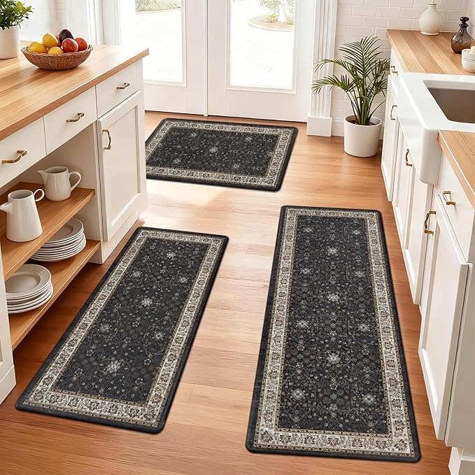 Pauwer Anti Fatigue Kitchen Floor Mats Set of 3, PVC Foam Padded Kitchen Rugs, Non Slip Cushioned Comfort Standing Mat, Waterproof Sink Rug for Small Kitchen Area, Laundry Room, Black