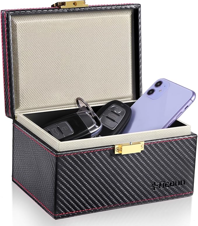 TICONN Faraday Box, Car Key Fob Protector, Carbon Fiber Faraday Cage Signal Blocker for Keyless Fob, RFID Signal Blocking Pouch Cage (Black)