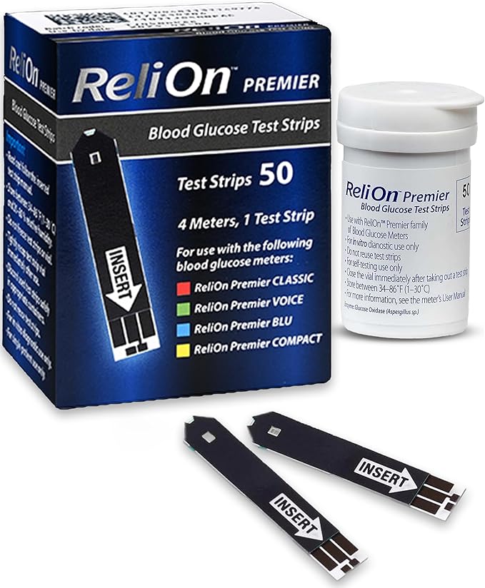 Blood Glucose Test Strips | 50 Count | Diabetic Supplies for Glucose Monitor | Accurate Blood Glucose Monitoring | Tiras para Medir la Glucosa | Compatible with ReliOn Premier Meters