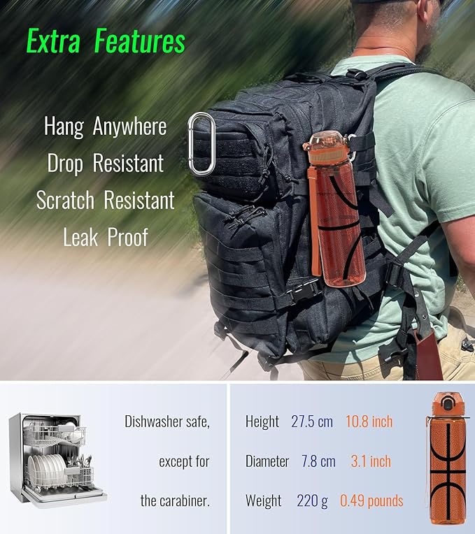 32oz/1L Sport Water Bottle, Light Tritan, Quick-Open Chug Lid/Straw 2-in-1, Leak-Proof, Dishwasher-Safe, BPA-Free, Drop-Resist & Scratch-Resist for Travel/Gym/Office/Fan Gift (Basketball)