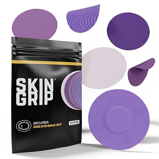 Skin Grip Adhesive Patches Compatible with Dexcom G7 & Stelo CGM – Waterproof & Sweatproof Cover for Continuous Glucose Monitor Sensor, Stays Secure for 10-15 Days – 20 Pack, Purple