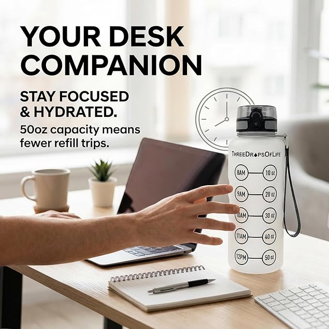 Three Drops of Life 50oz Hydration Tracker Sport Water Bottle – Frosted Clear Tritan With Time Marker, Leak-Resistant, Easy Flow Spout, Comfortable Strap For Daily Hydration