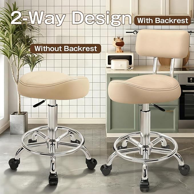 Saddle Stool with Back and Ring Pedal, Adjustable Hydraulic Rolling Chair with Wheels for Salon, Spa, Medical, Massage & Drafting Use Khaki