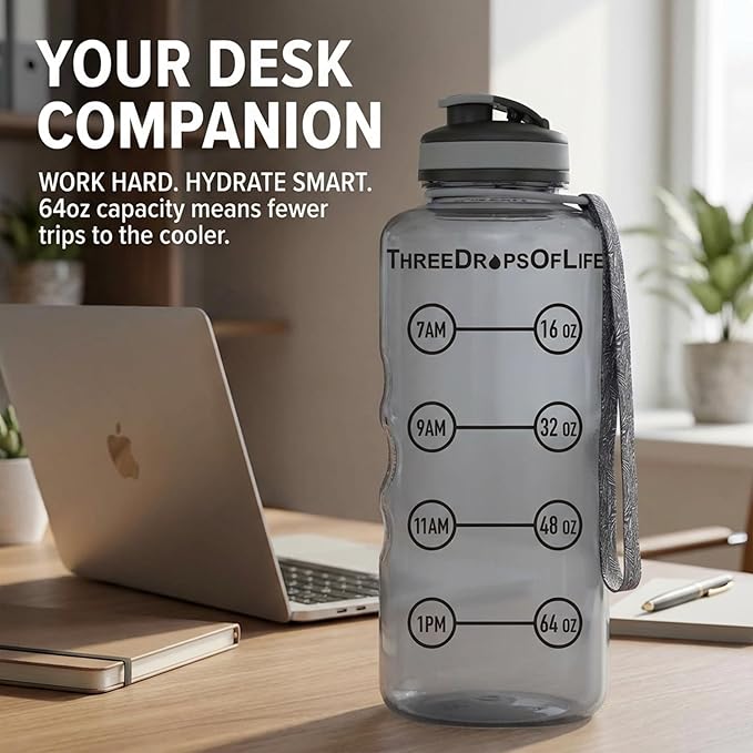 Three Drops of Life 64oz Tritan Plastic Water Bottle, Large, Smoke Gray, High Capacity Hydration Tracker, BPA Free, Reusable, Best for Indoor, Outdoor, Sports Use
