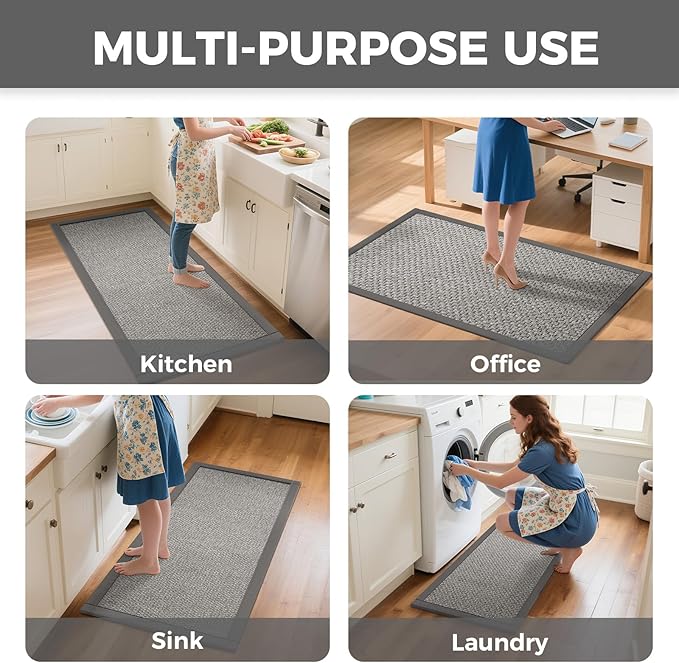 Kitchen Rugs Mat Non Slip Washable, 0.4" Thick Anti Fatigue Cushioned Kitchen Mats for Floor, Absorbent Jute-Look Kitchen Runner Rug Sink Mat Laundry Standing Mats, Easy Clean, Gray 17"x47"