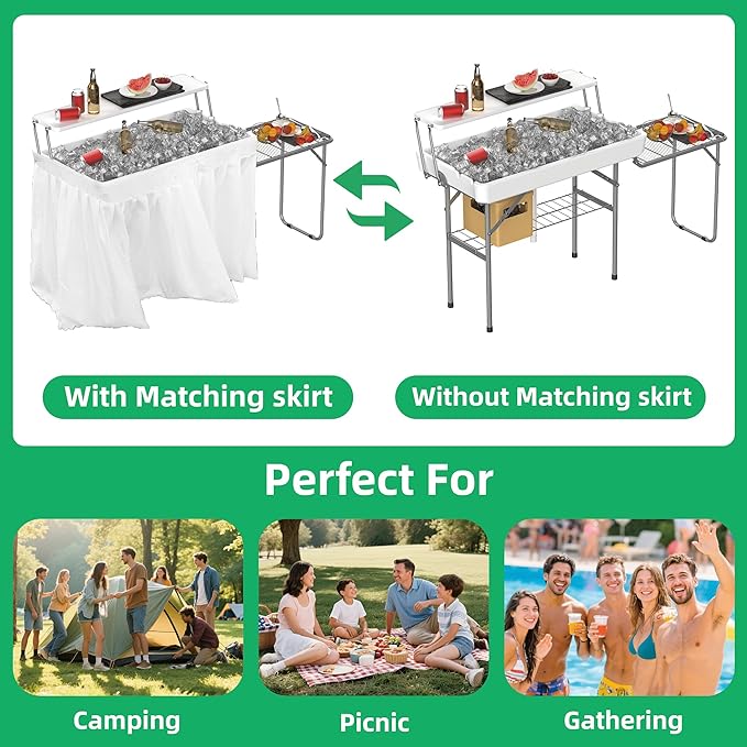 Allpop 2 Tiers Folding Ice Cooler Table with Matching Skirt & Extanded Stand, Portable Party Table with Grid Rack & Drain Hose for Patio Picnic Camping Wedding, White