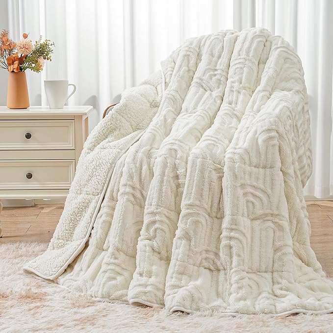 Wemore Jacquard Fleece Weighted Blanket Twin Size 48" x 72" 12lbs, Ultra Soft Cozy Sherpa Weighted Blankets for Adults, Ultra Fuzzy Heavy Blanket for Sleep, Fluffy Warm Throw for Bed, Cream White