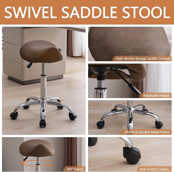 Saddle Stool, Swivel Saddle Stool with Wheels, Adjustable Rolling Stool 18"-26", Faux Leather Rolling Stool for Salon, Massage, Clinic, Lab, Office (Tan, 1PCS (18"-26"))