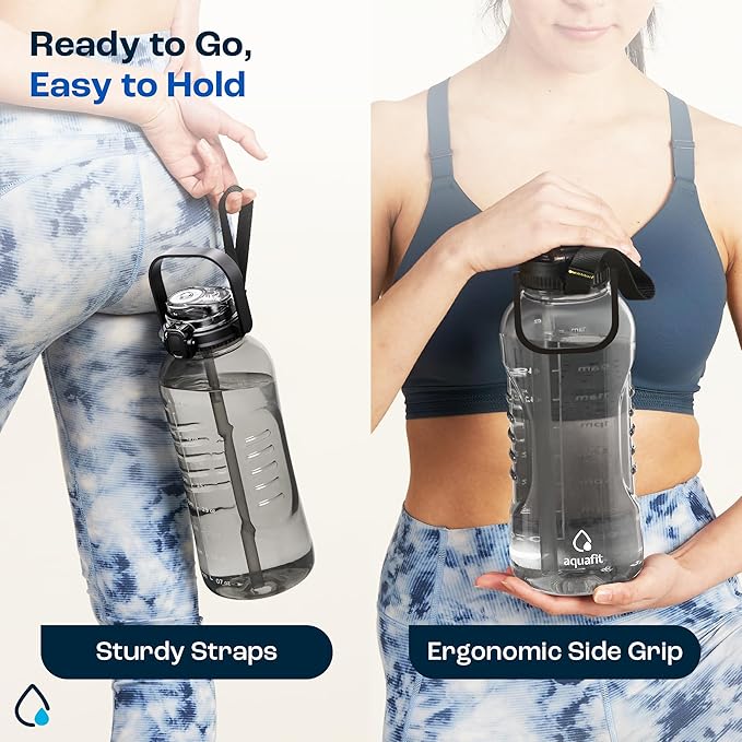 AQUAFIT 64 oz Water Bottle with Time Marker - 2in1 Straw & Chug Lid - BPA Free Big Water Bottle with Straw - Gym Water Bottle with Strap - Water Jug (64 Ounces, Aqua)