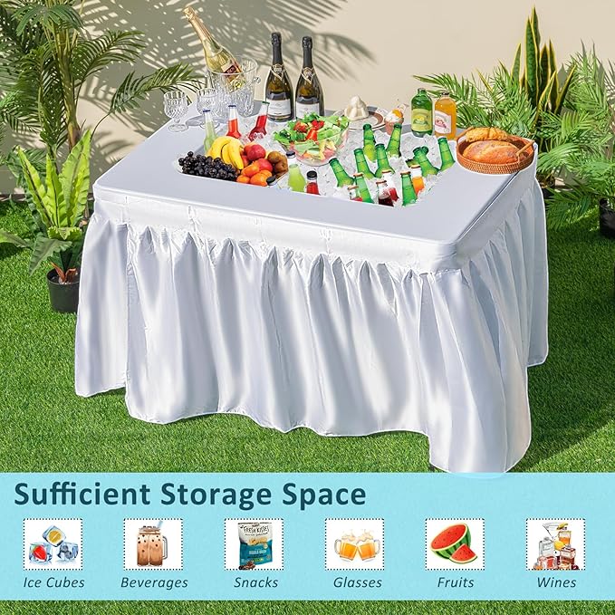 Giantex Foldable Ice Bin Table with Drain & Bucket, Removable Skirt, 48" x 32" HDPE Cooler Table for Parties, Catering, Weddings, Outdoor Events, Portable Fill and Chill Beverage Serving Station