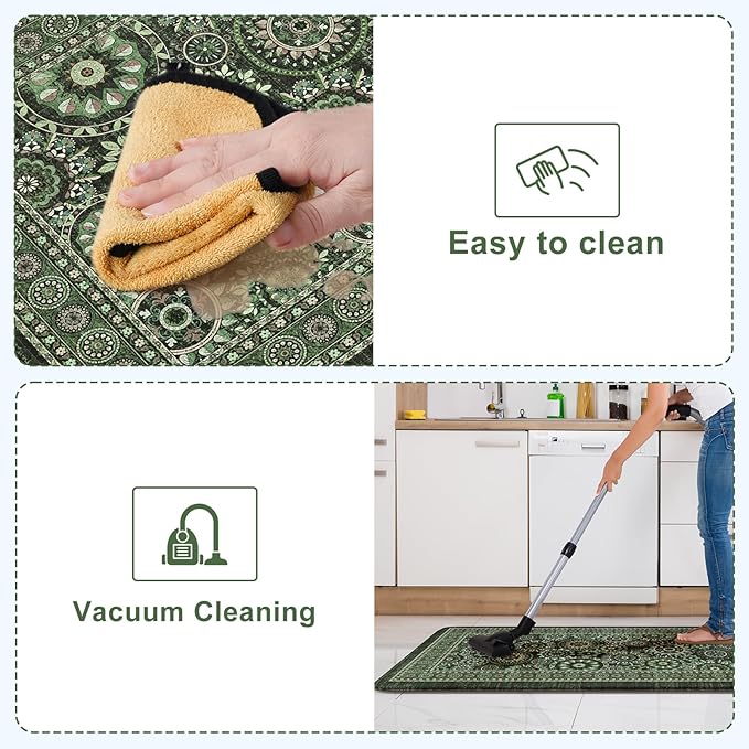 KIMODE Anti Fatigue Kitchen Mats for Floor 2 Piece Cushioned Boho Kitchen Rugs Memory Foam Kitchen Floor Mats Standing Desk Mats for Laundry Office Sink Green 17"x47"+17"x29"