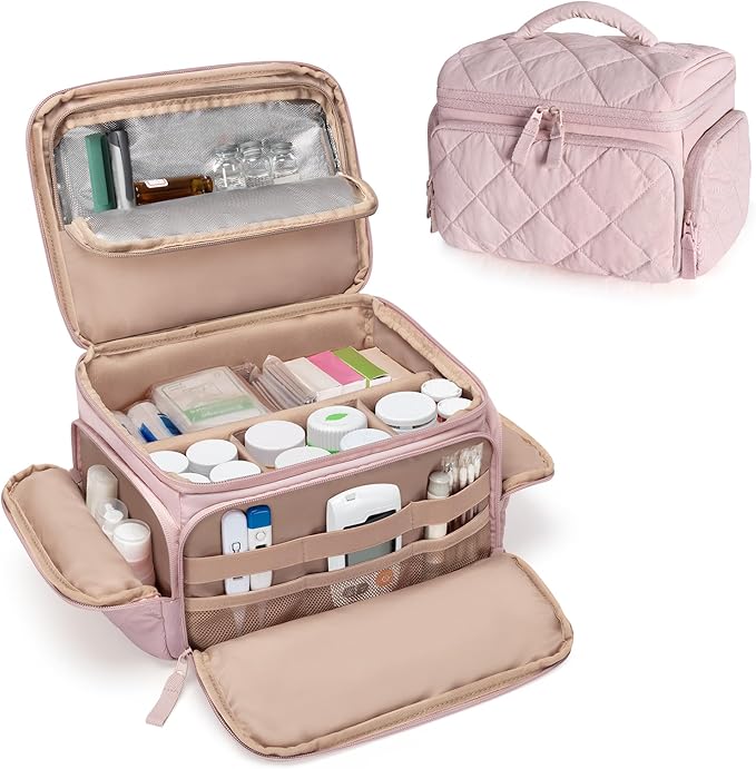 Medicine Organizer Bag with Insulated Pocket for Travel, Pill Bottle Storage Case with 4 Customized Dividers for Medication, Insulin and First Aid Supplies, Pink (Bag ONLY)
