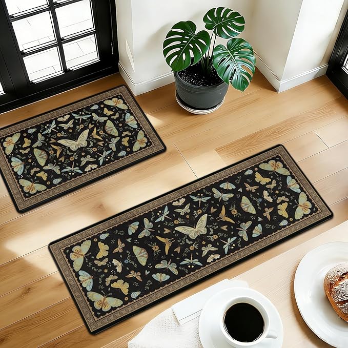 Yinhua Kitchen Rugs Sets of 2, Black Insect Kitchen Rugs Non Slip Washable, Farmhouse Anti Fatigue Mats for Kitchen Floor, PVC Waterproof Rug for Spring Summer, 18"x30"+18"x48"