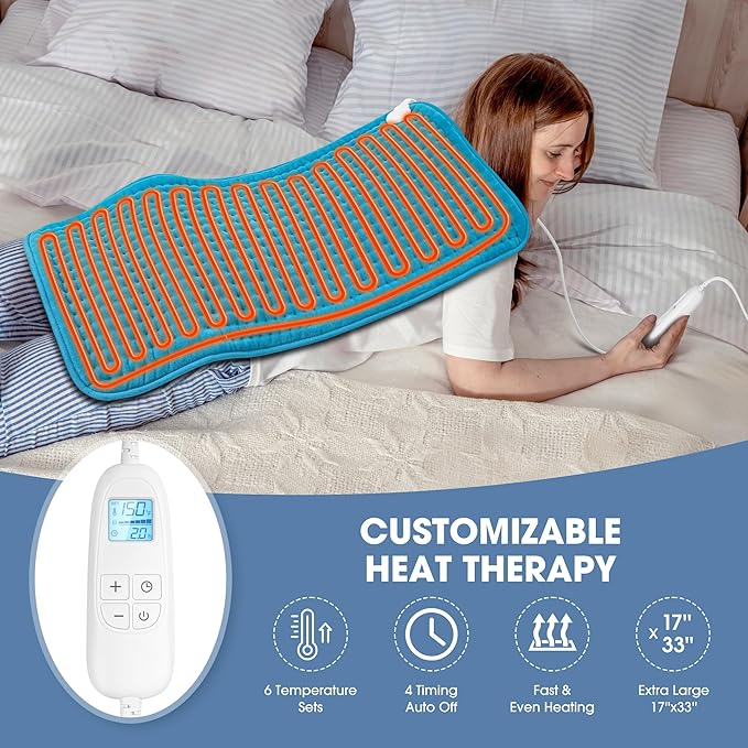 FluffyWarmth Electric Heating Pad for Back, Extra Large 17''x 33'' XXXL for Full Body,Menstrual Period Cramps,Neck Shoulder Back Pain Relief, 6 Heat Settings 4 Timers Heating Pad, Gifts for Women Men