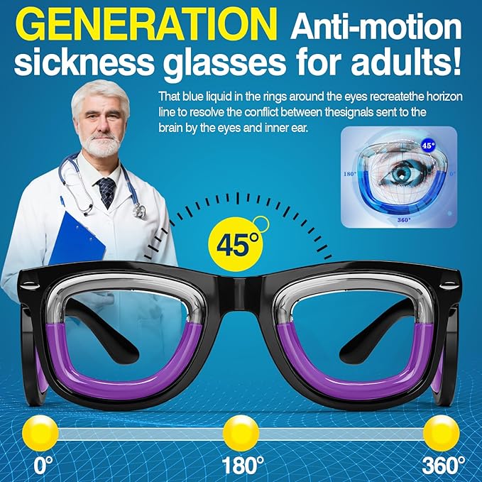 Hion Adult Anti- Motion Sickness Smart Glasses, Ultra-Light Portable Nausea Relief Liquid Glasses, Carsickness Airsickness Seasickness Glasses, Kids Travel/Cruise Essentials（Black