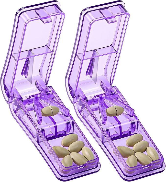 Daviky 2-Pack Pill Cutter for Small or Large Pills – Professional Pill Splitter with Sharp Stainless Steel Blade, V-Shape Holder & Doubles as a Pill Organizer – Not Suitable for Tiny Pills - Purple
