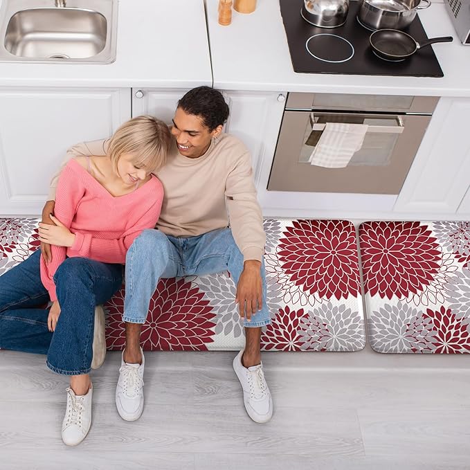 Anti Fatigue Kitchen Mats,17"x59"+17"x29" Non Slip Boho Dahlia Kitchen Rugs Sets of 2,Farmhouse Waterproof Kitchen Mat for Floor,Cushioned Standing Mat for Office,Laundry,Sink,Desk,Red