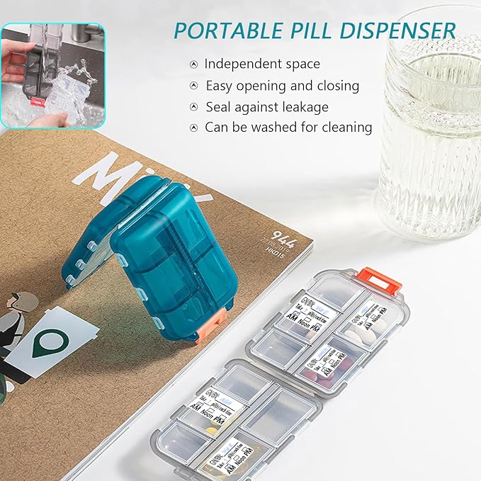 Portable Pill Organizer with 81 Labels & Strong Lock - Travel Pill Case, 10 Compartments with Individual Lids, Compact Medication Organizer (Slate Gray & Peacock Green, 2-Pack)