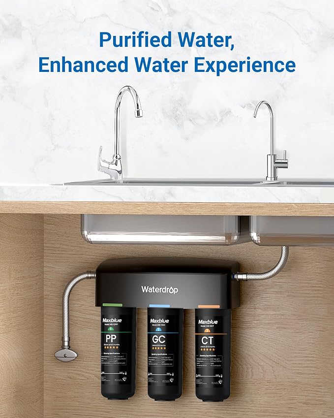 Maxblue TSA 3-Stage Water Filter Replacement, 𝟏 𝐘𝐞𝐚𝐫 𝐂𝐨𝐦𝐩𝐨 𝐏𝐚𝐜𝐤, Replacement for Waterdrop TSA & TSB 3-stage Under Sink Water Filtration System, 2PP+GC+CT, Easy to Install