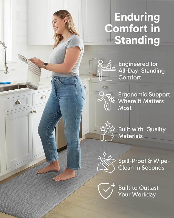 Ophanie Kitchen Mats for Floor, 3/4 Inch Thick Kitchen Rugs, 24'' x 70'' Anti Fatigue Standing Cushioned Mat, Waterproof,Comfort Ergonomic Mat for Office, Home, Sink, Grey Non-Slip Bottom