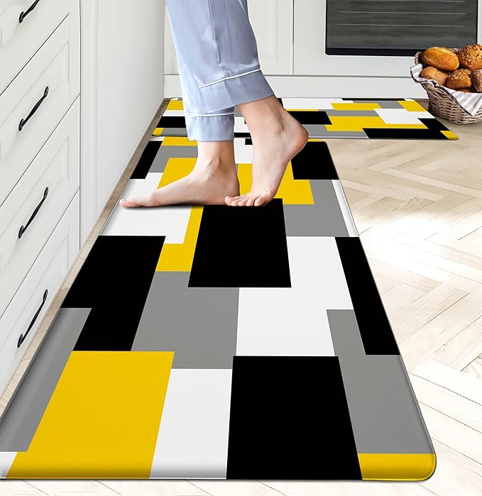 Yellow Grey Kitchen Rug Set of 2 Cushioned Anti Fatigue Kitchen Mats for Floor Non-Slip Waterproof Kitchen Floor Mats Geometric Ergonomic Cushioned Comfort Standing Mat for Laundry, Office, Sink