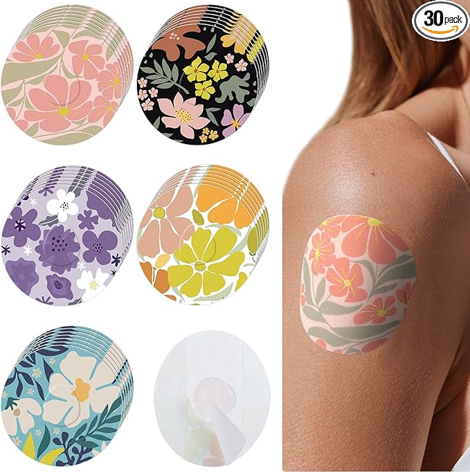 Geiserailie 30 PCS Adhesive Patch Compatible with Dexcom G7 Pre-Cut Flowers Pink Bow NO Glue in The Center Sensor Cover for Continuous Glucose Monitor Long Fixation Flexible Breathable