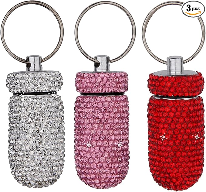 3PCS Bling Crystal Rhinestone Portable Pill Case Pill Container Waterproof Pill Holder with Keychain Glitter Travel Pill Box Small Medicine Dispenser Bottle Storage for Outdoor Camping Travel,1