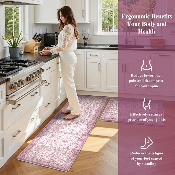 U'Artlines Kitchen Anti Fatigue Mats Sets of 2,Double-Sided Print Kitchen Mat Cushioned Comfort Standing Waterproof PVC Rugs,Pink Floral Rugs for Laundry Office Desk Sink(17"x28"+17"x47")
