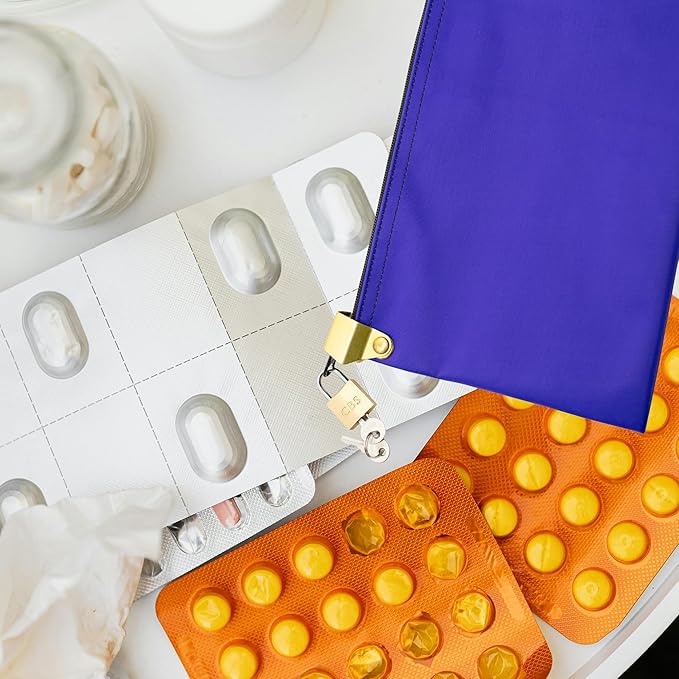 Medication Zipper Hood Security Bag with Included Padlock and Keys, Small Pill Bag, Travel Carry Pouch, Medicine Storage, 9 x 6 inches (Purple)