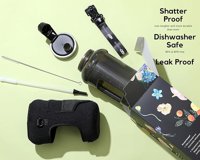 H2O Capsule 2.2L Half Gallon Wide Mouth Water Bottle with Storage Sleeve and Removable Straw - Hydration Tracker Jug with Measurements Marked – Shatterproof BPA-Free, (Jet Black)