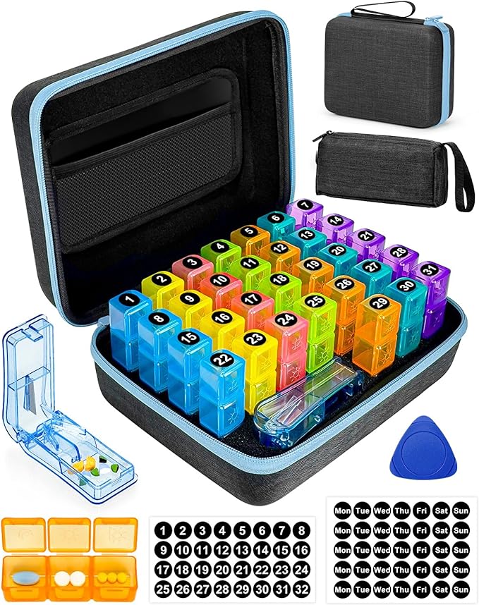 Monthly Pill Organizer 2 Times a Day with Weekly Pill Bags, Portable Hard Shell Case, Pill Cutter & Opener Pick, Monthly and Weekly Stickers for Medication Management (Blue, 3 Times a Day)