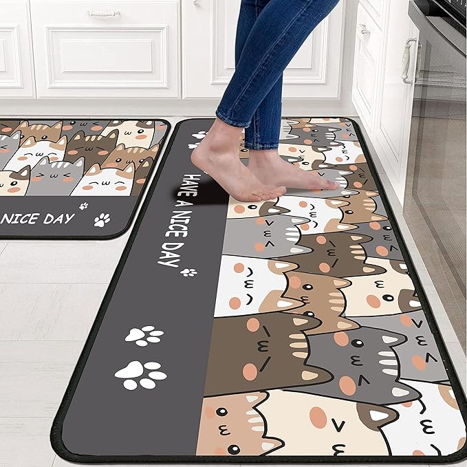 Cat Kitchen Rugs 2 Piece Set for Floor Mat, Non Skid Washable Absorbent Microfiber Cat Kitchen Mat for in Front of Sink for Standing for Home Cats Kitchen Decor 17"X30"+17"X47"