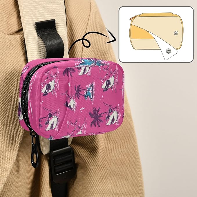 Pink Island Sharks Palm Trees Waves Travel Pill Organizer Case Box Container Weekly Portable Vitamin Medicine Holder Storage Bag with Zipper Removable