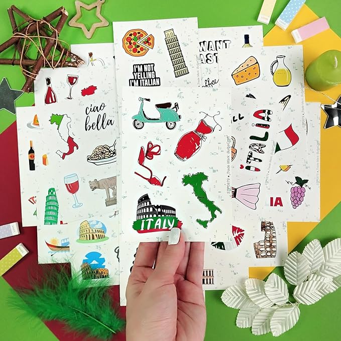 BulbaCraft 100Pcs Italy Stickers for Scrapbooking, Italian Stickers, Rome Decals, Travel Decals for Journal, Scrapbook - Italy Decorations Party Theme, Gifts for Women & Men